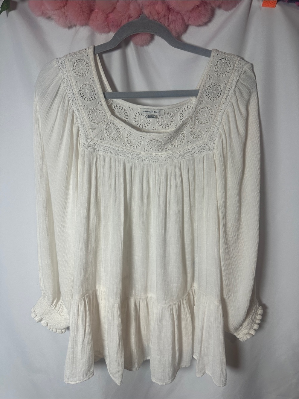 American Eagle Outfitters White Crochet-Trim Peasant Tunic